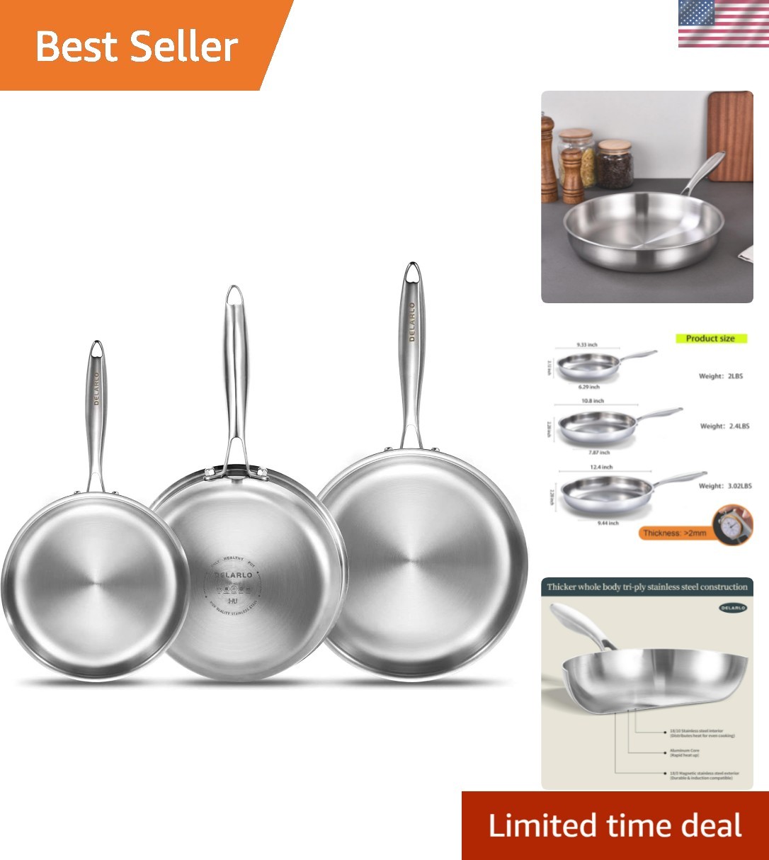 Whole Body Tri-Ply Stainless Steel Frying Pan set, 8”/10”/12” Cooking pans, K…