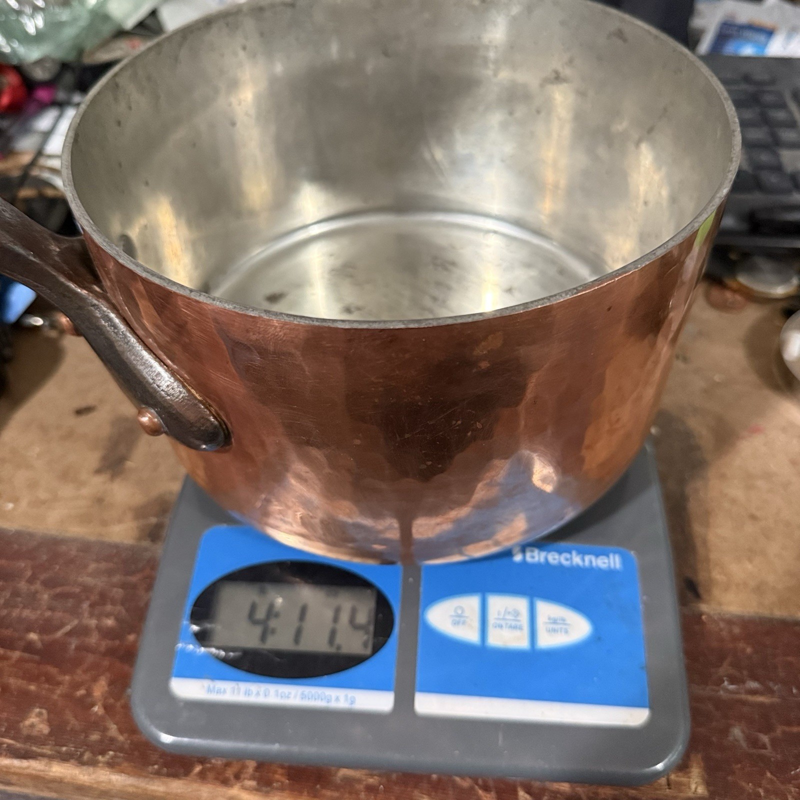 FRANCE COPPER. POT IRON HANDLE VINTAGE. Hammered Nice Condition