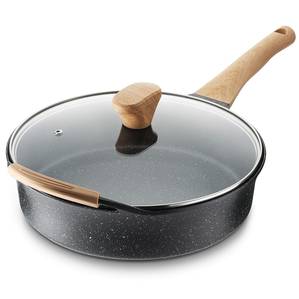 DEEP FRYING PAN Nonstick Skillet with Cover Granite 12 Inch 4.5 Qt ANIMOZEST