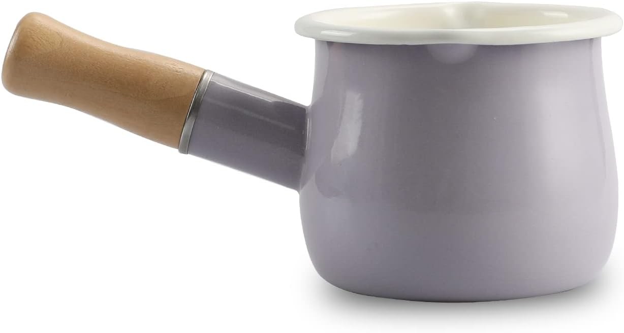 0.6qt Mini Enamel Milk Pot Insulated Wooden Handle 2 Pour Spouts Small Food New