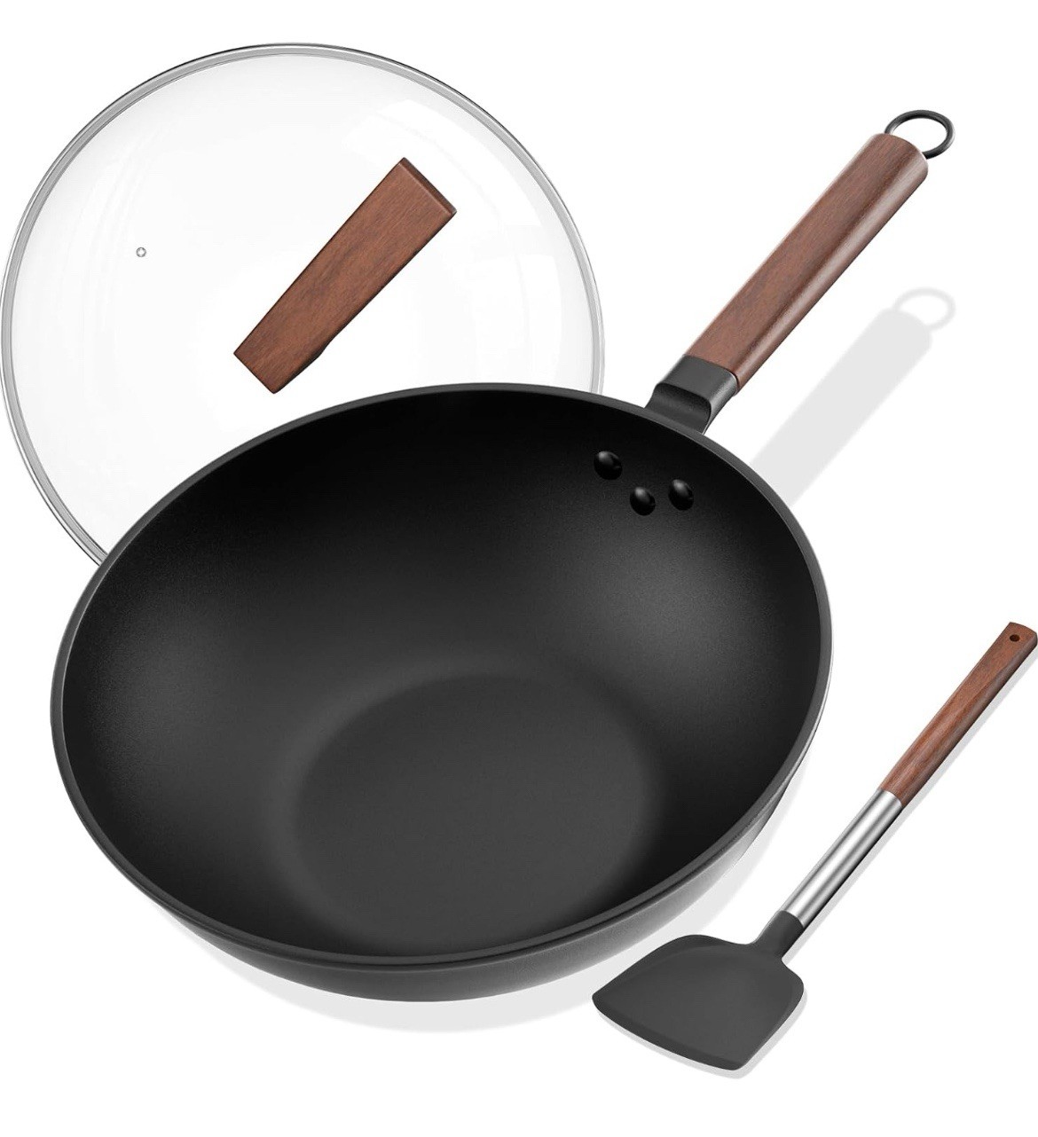 Carbon Steel Wok – Including Glass Cover and Silicone Spatula, 13-Inch Woks &…