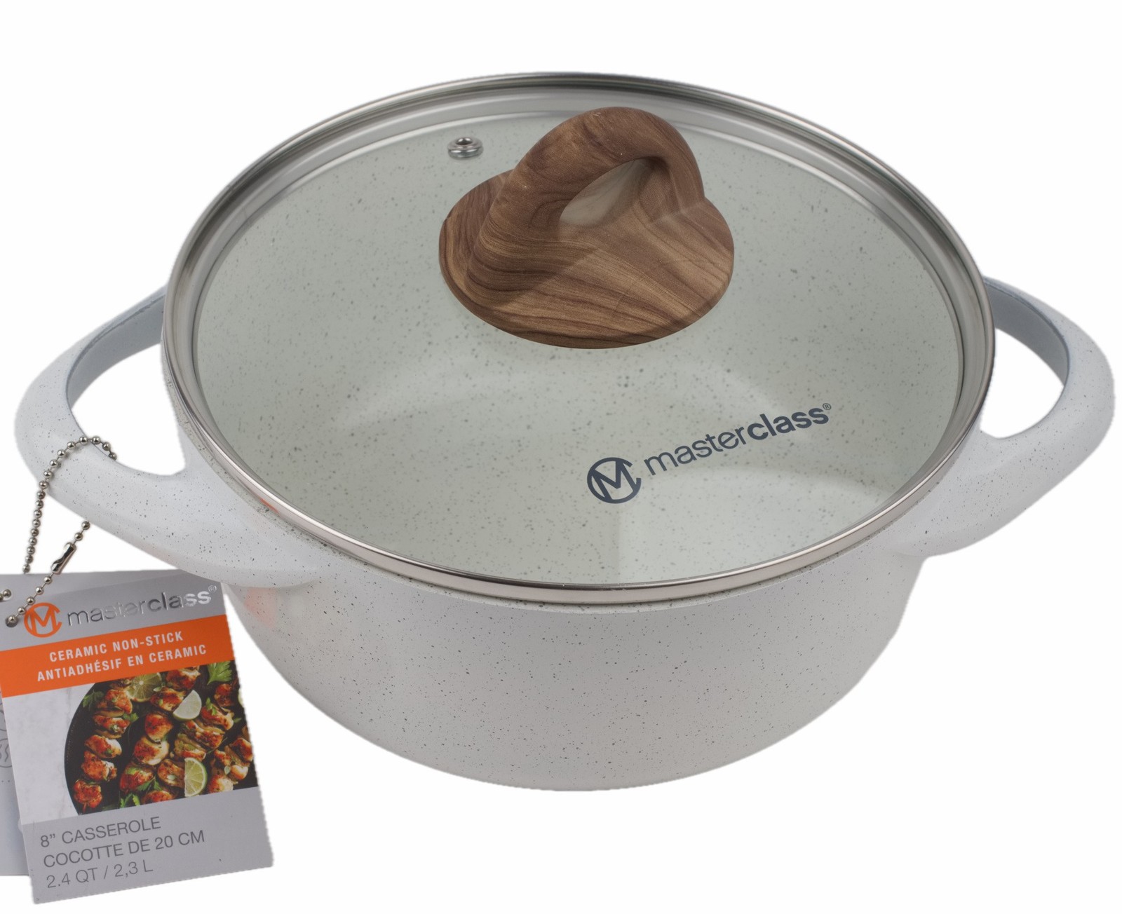 Masterclass Ceramic Non Stick 8″ Casserole Pan Pot with Lid 2.4 qt Off White
