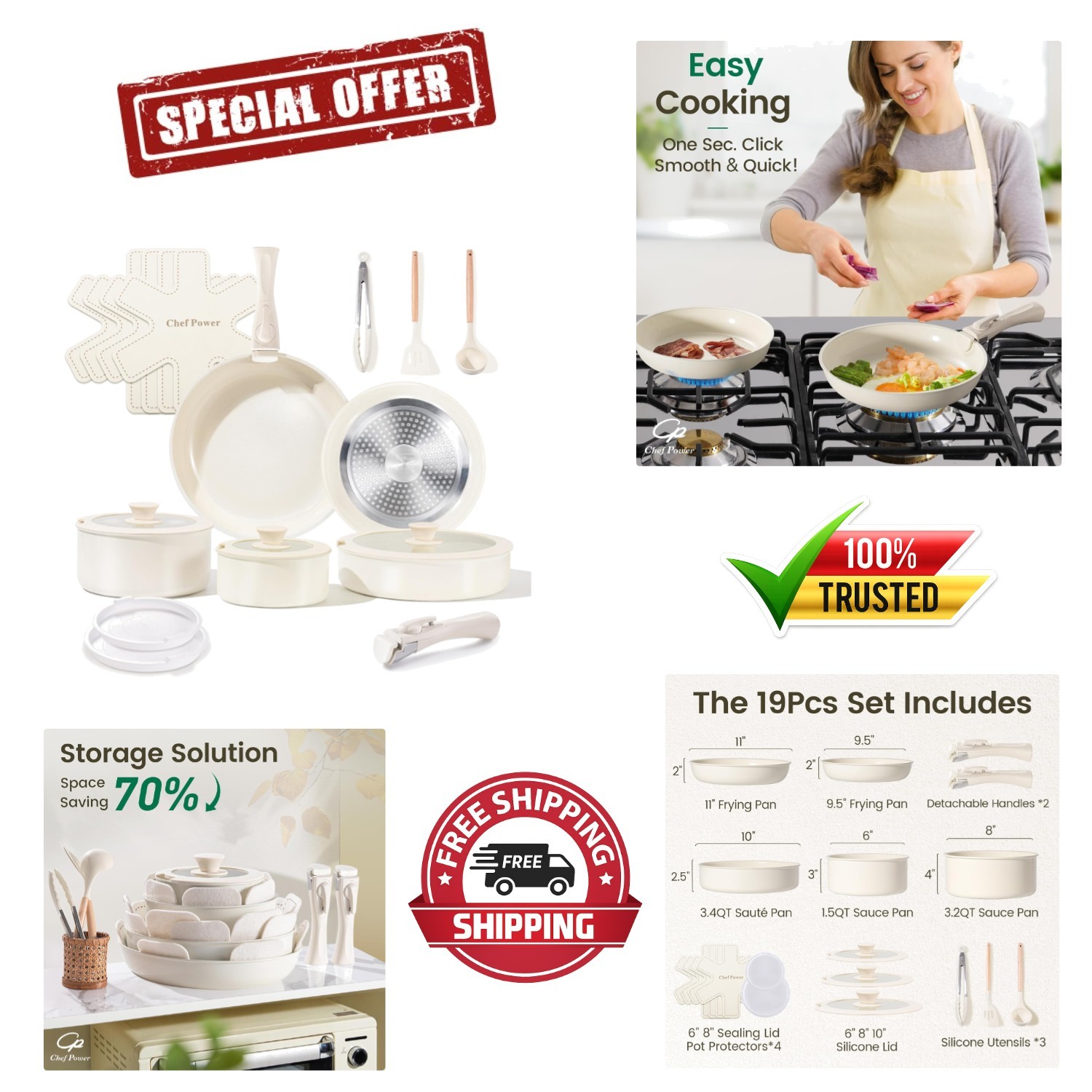 Chef Power 19-Piece Non-Toxic Ceramic Cookware Set – Detachable Handles & Safe