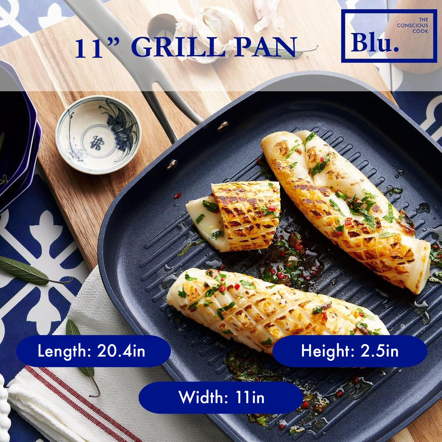 Blu. Cookware 11” Nonstick Grill Pan Griddle, Non-Toxic, PFA/PFOA Free Cookware