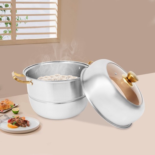 Steam Cooker, Stainless Steel Steam Cooker, 3-tier Steam Cooker Silver+Gold