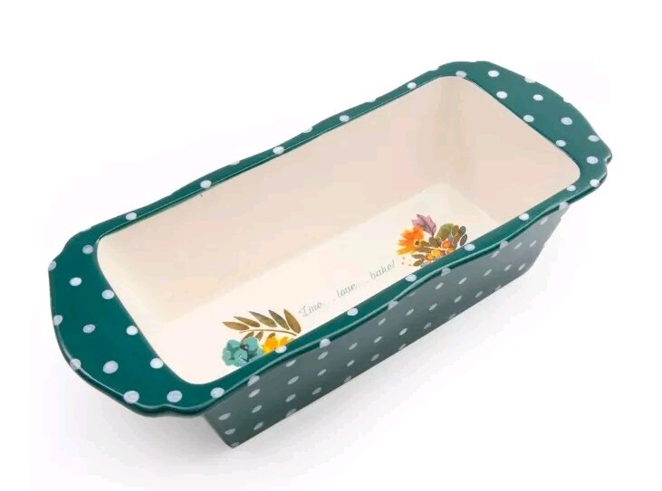 Pioneer Woman ~ Stoneware ~ Loaf Pan ~ Live…Love…Bake! ~ Green w/Polka Dots