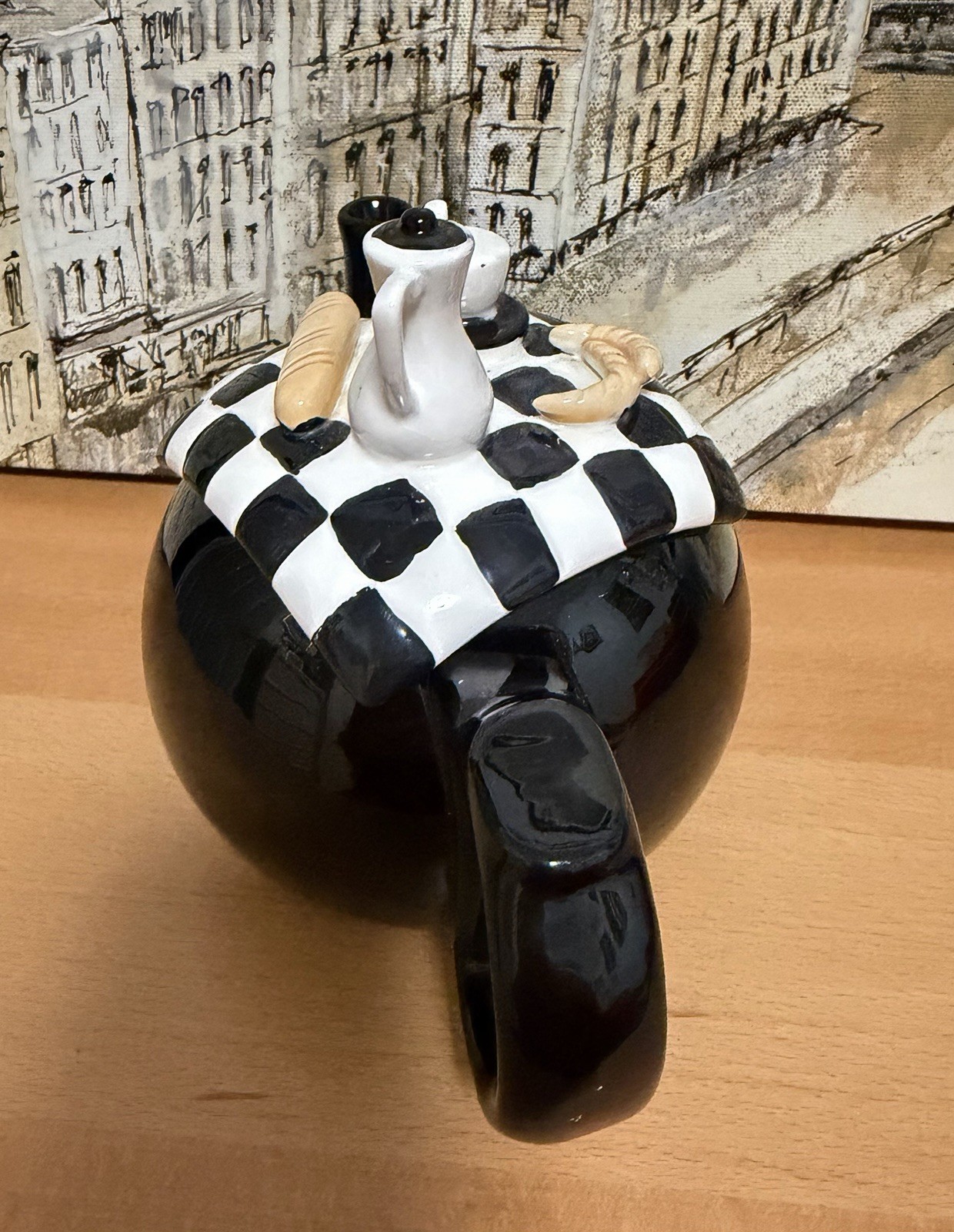 Vintage Black Teapot Checkerboard Estia Gourmet 32 oz. New Without Box.
