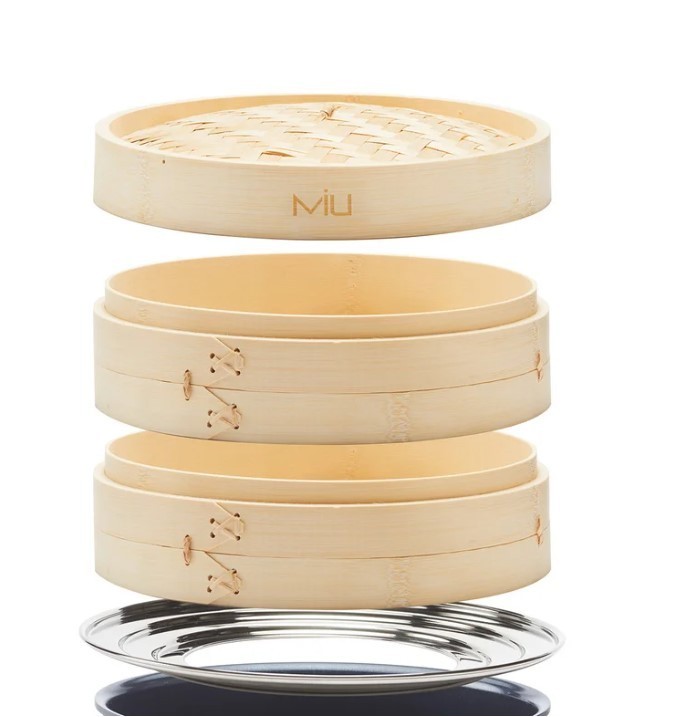 NEW MIU 10″ 2-Tier Bamboo Steamer Basket 10″ With Stainless Steel Ring Adapter