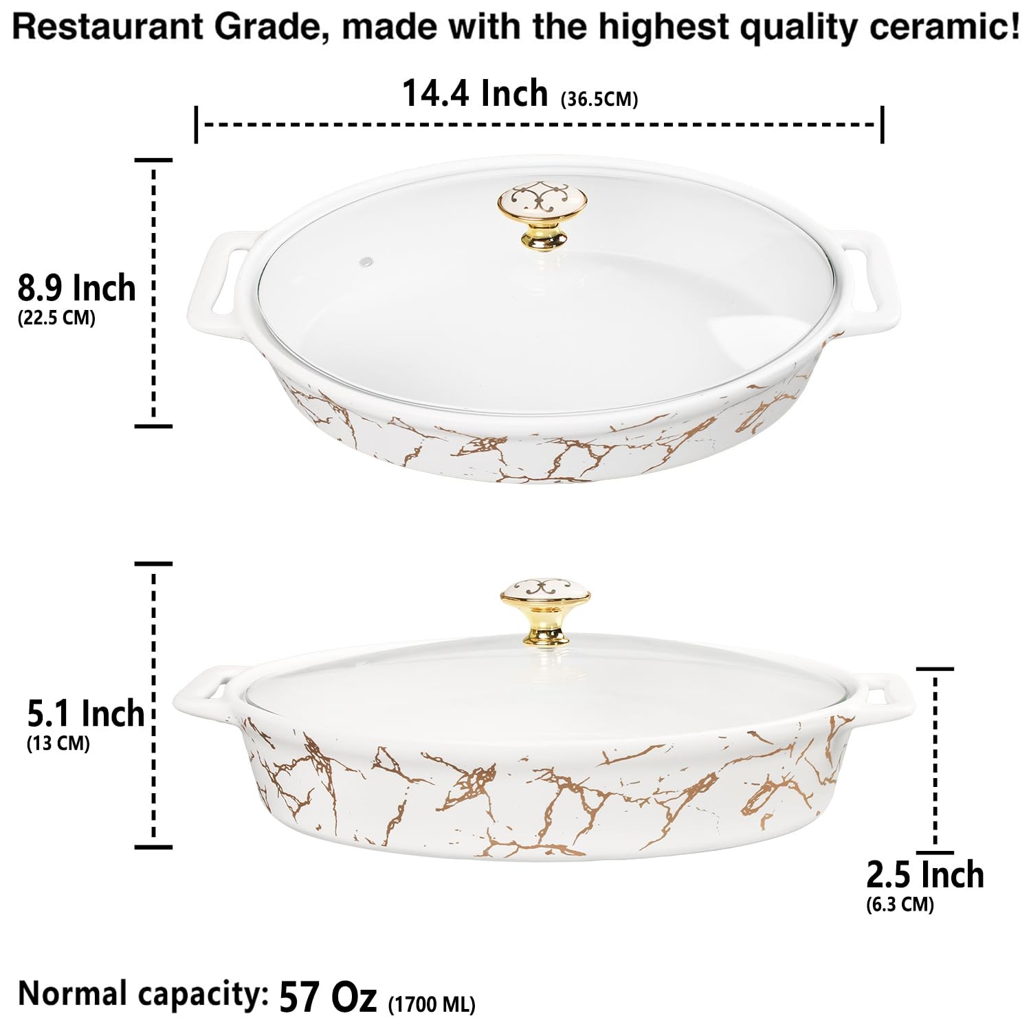 Creativity Home 12″ x 8″ Ceramic Casserole Dish with Glass Cover & Handles 1.7