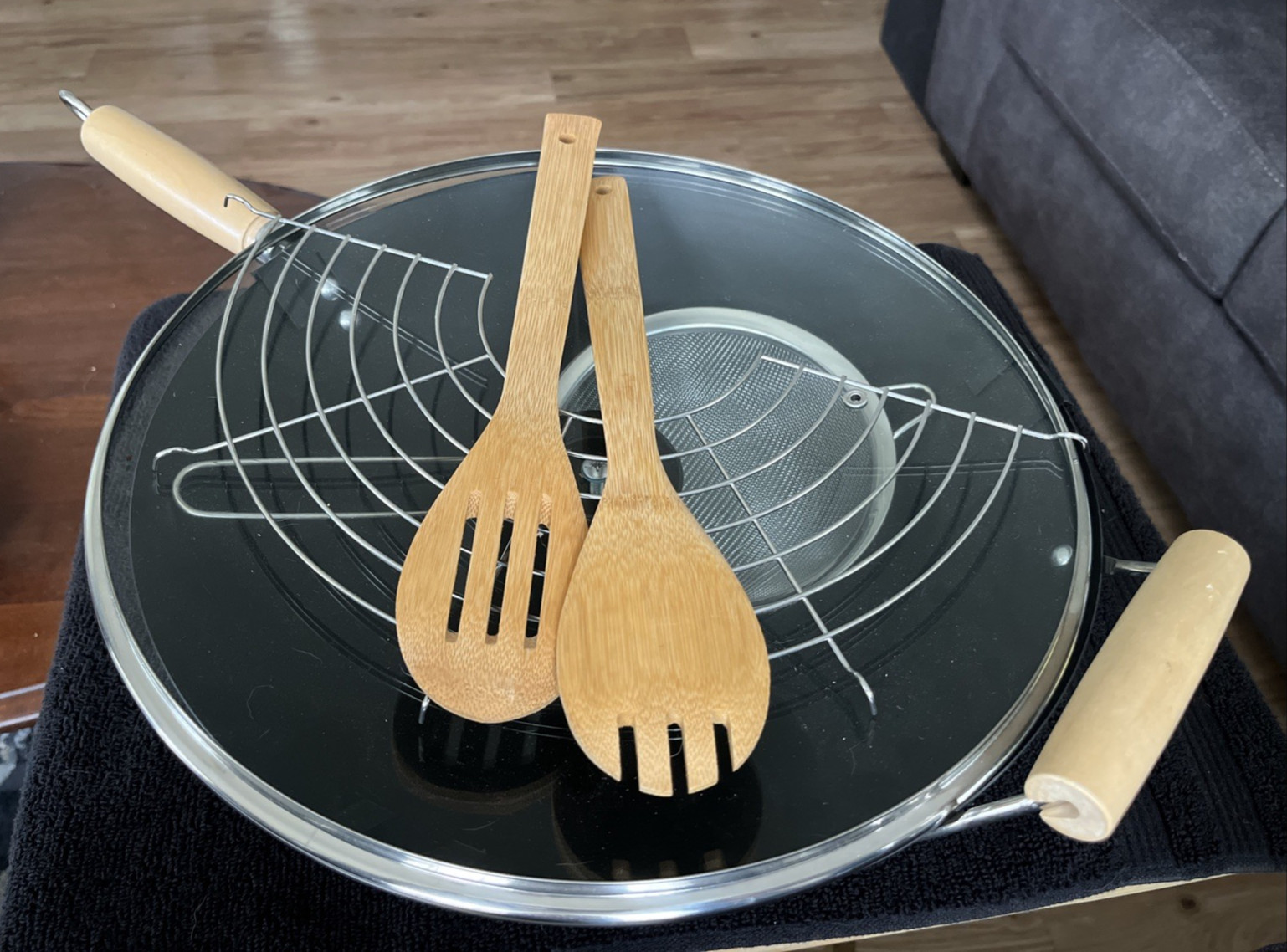 Wok Pan Set w/ Lid, Steam/Warm Rack/Scoop/Wooden Utensils Nonstick Stir Fry Pan