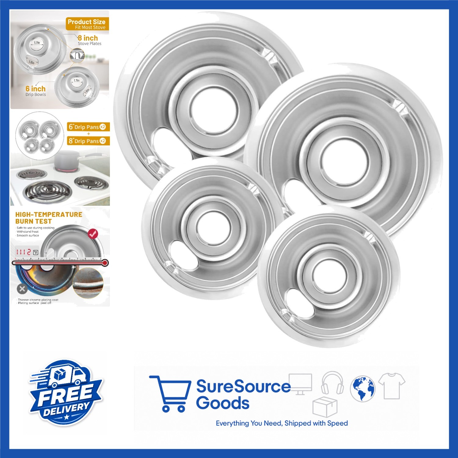 4-Piece GE Stove Drip Pans Set Chrome Finish 2x6inch 2x8inch Replacement