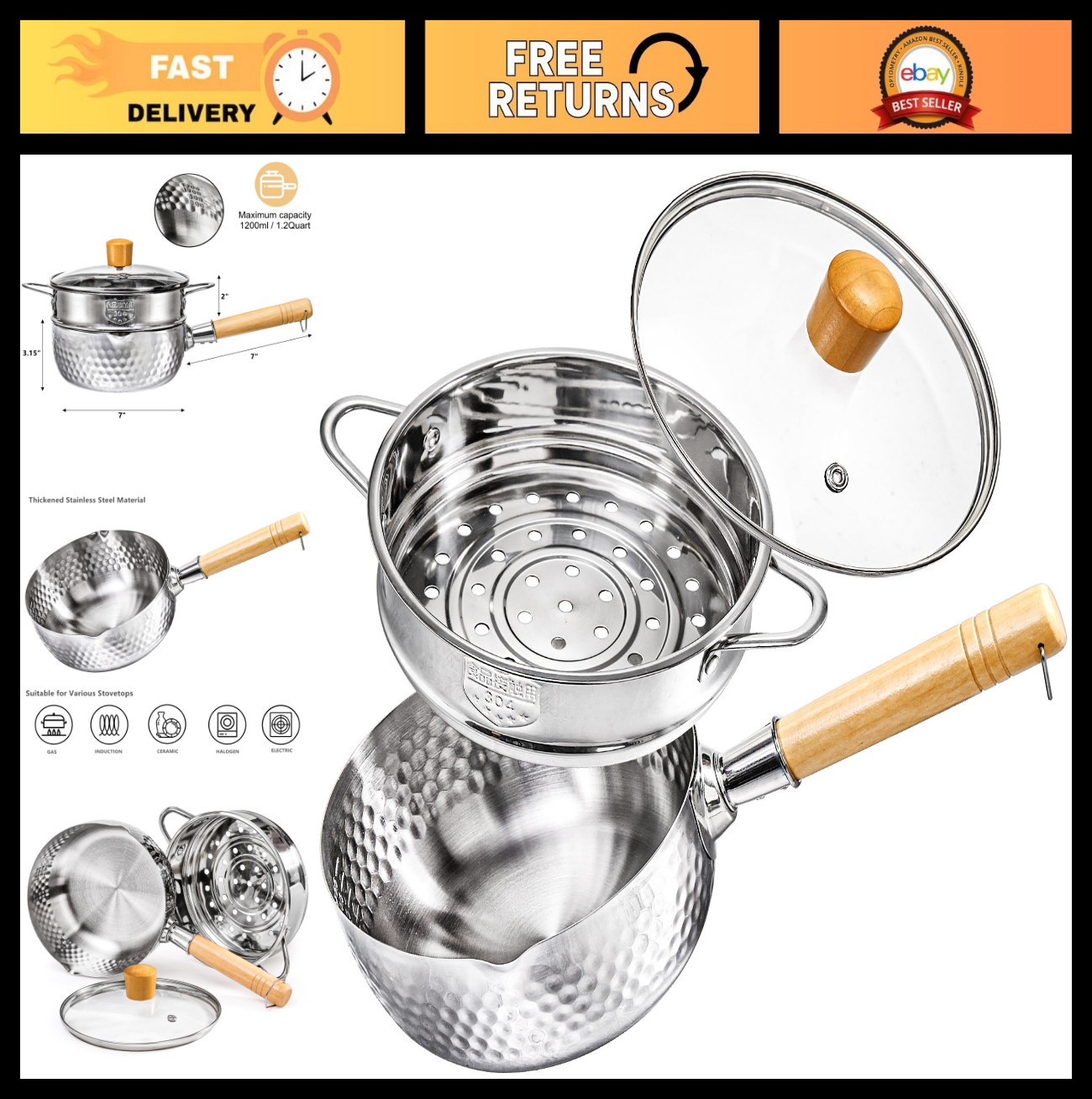 Stainless Steel 1.2 Quart Saucepan with Steamer, Wood Handle, 7″ Cooking Pot for