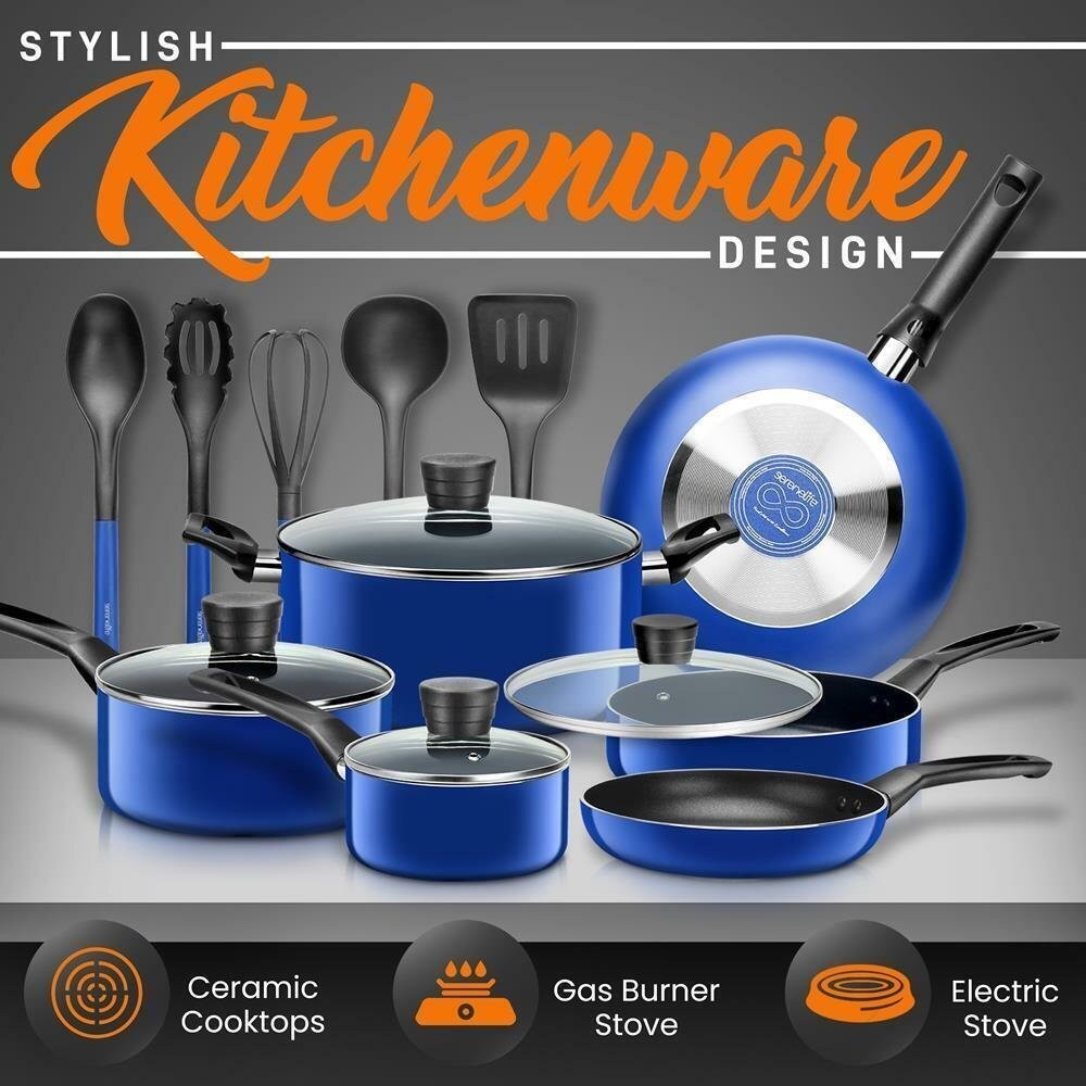 Serenelife Kitchenware Pots & Pans Set-Black Non-Stick Coating Inside (15 Pcs.)