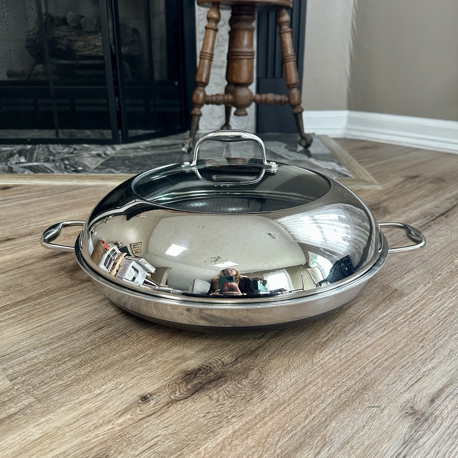 HexClad Hybrid Nonstick 14″ Frying Pan, Stainless Steel Lid Skillet Used #8730