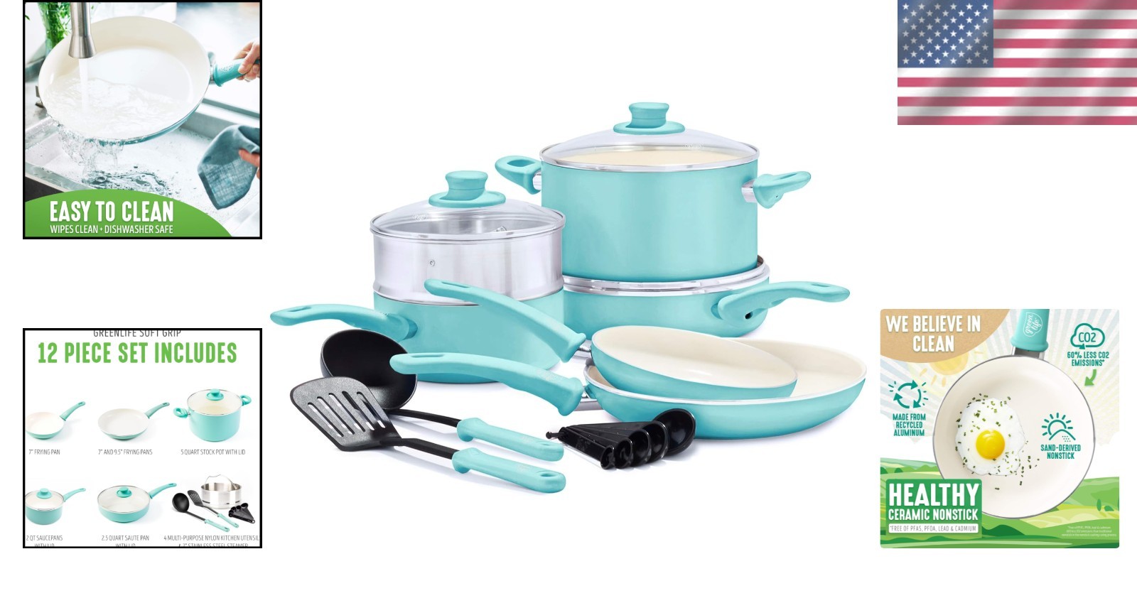 Turquoise 12-Piece PFAS-Free Cookware Set with Stay-Cool Handles & Easy Cleanup