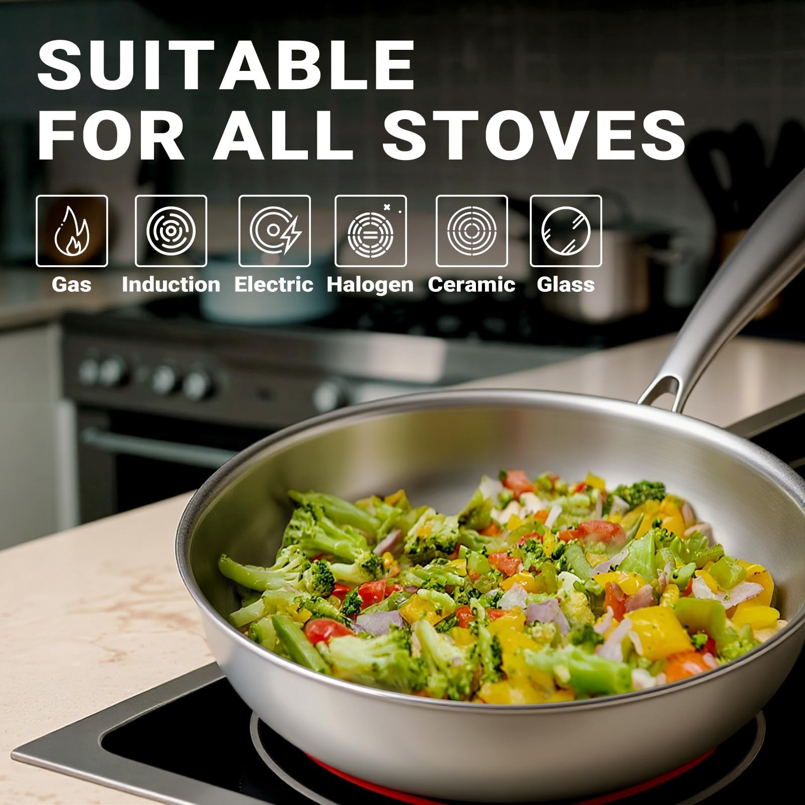 Kirecoo Tri-Ply Stainless Steel Pan – 12 Inch Frying Pan, Fast and Even Heat Sta