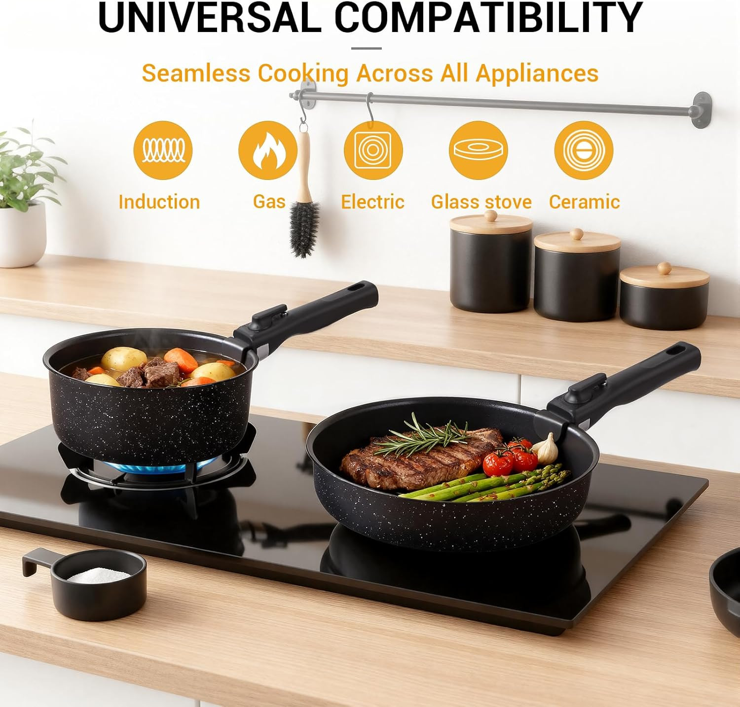 21 Pcs Pots and Pans Set Non Stick with Detachable Handle & Grill Pan, Induction