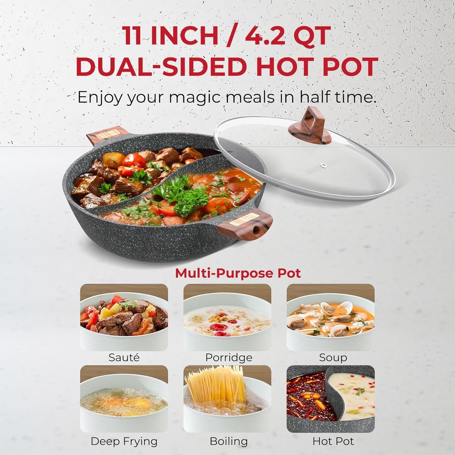 4.2QT Divided Shabu Shabu Hot Pot, 13in Nonstick Dual Flavor Stockpot