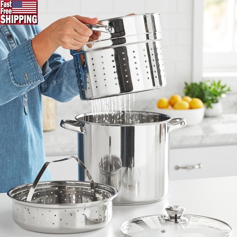 4-Piece Stainless Steel 8qt Multi-Cooker Set W/ Glass Lid Induction Safe New