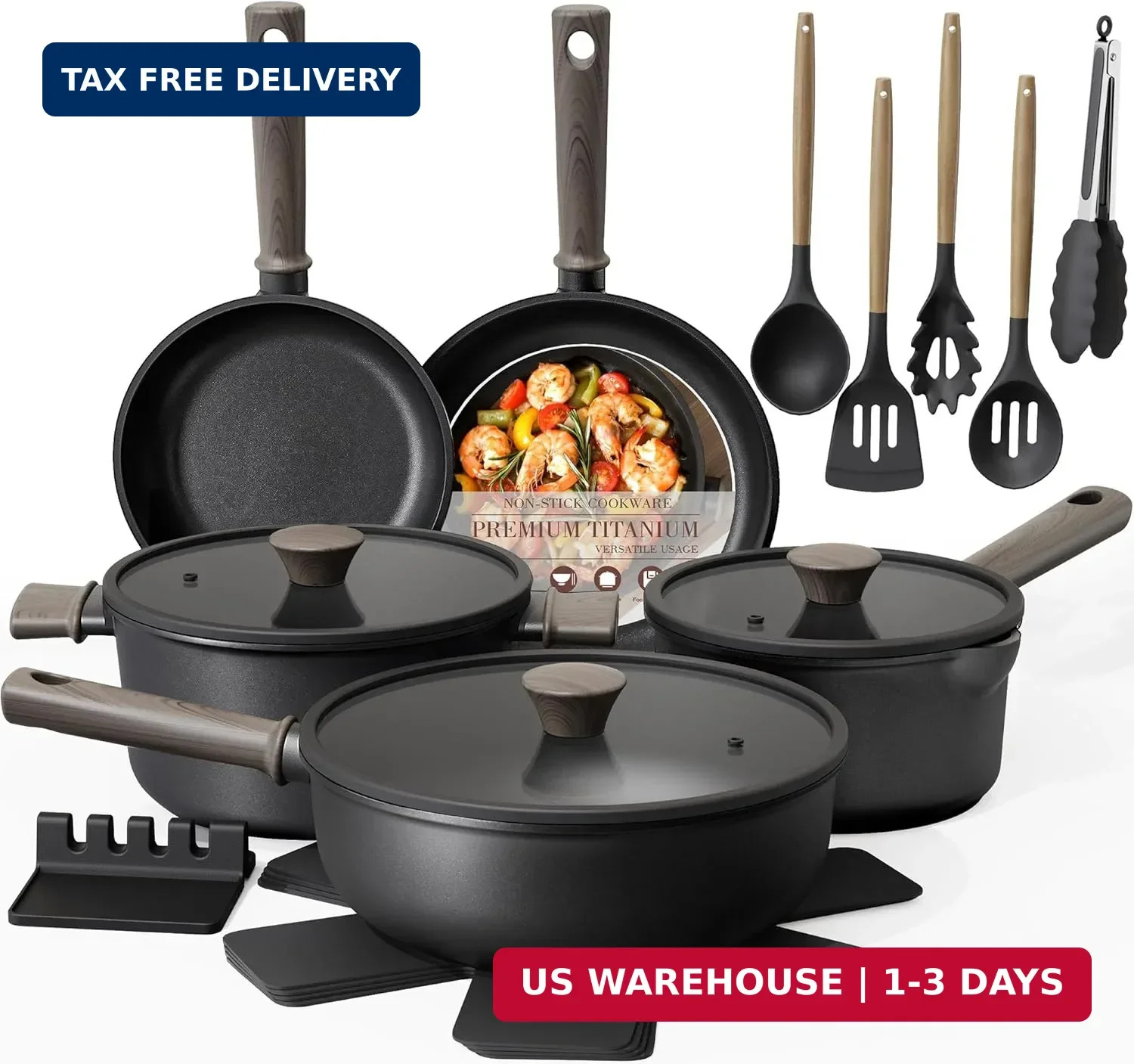 Astercook 19 Pcs Pots and Pans Set Non Stick, Black Titanium Induction Kitchen C