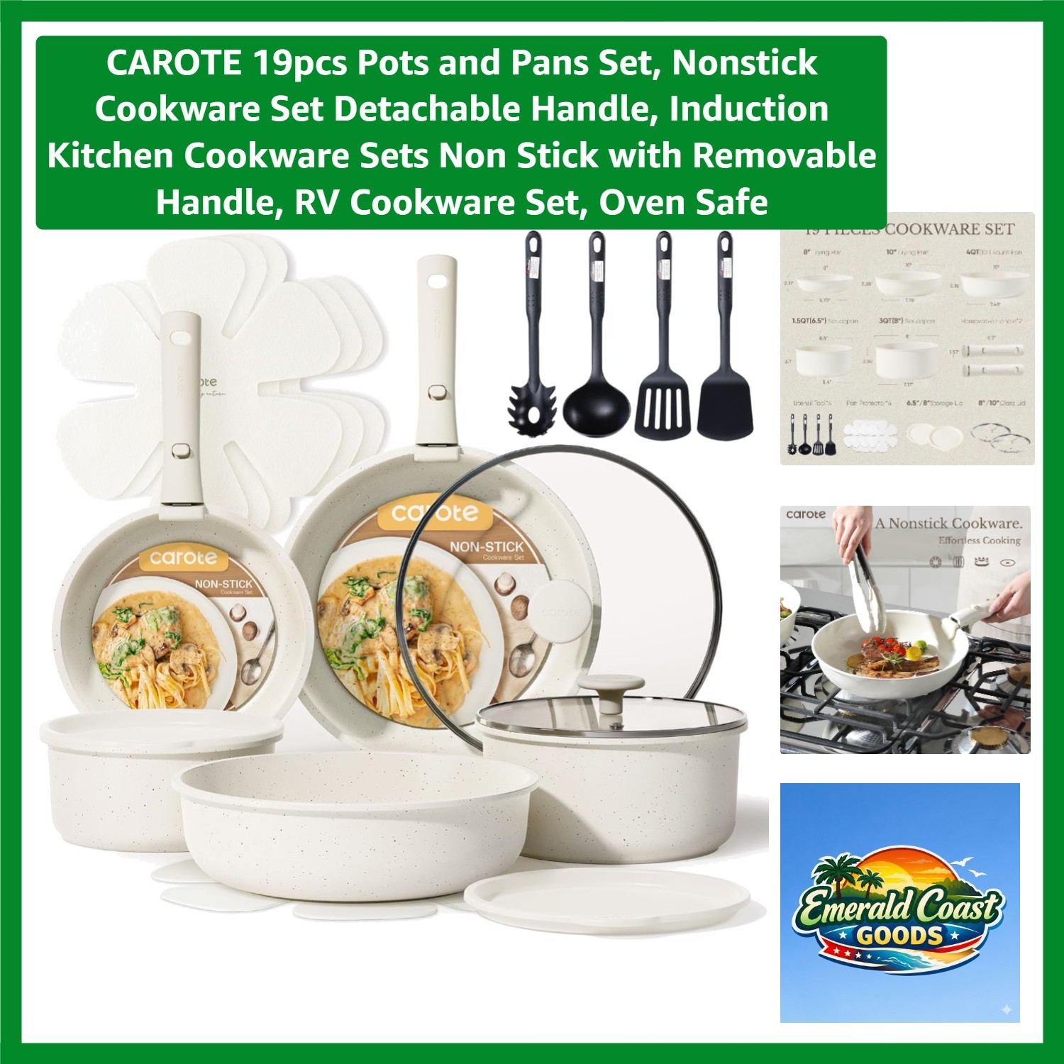 19pcs Pots and Pans Set, Nonstick Cookware Set Detachable Handle, Induction K…