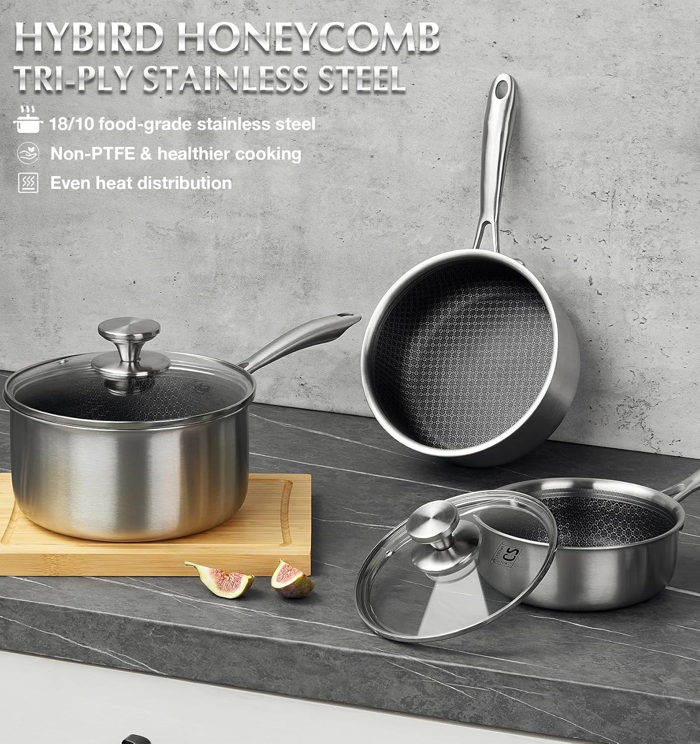 Hybrid Nonstick Stainless Steel Saucepan Set, 6-Piece Triply Stainless Steel Sau