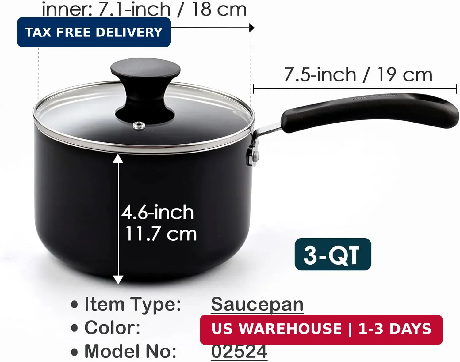 Cook N Home Basic 3 Quart Nonstick Saucepan with Glass Lid, Non Stick Aluminum S