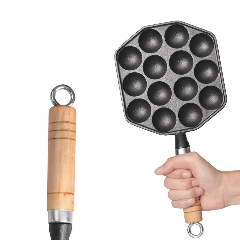14 Holes Cast Iron Takoyaki Pan Octopus Maker Griddle with Detachable Handle