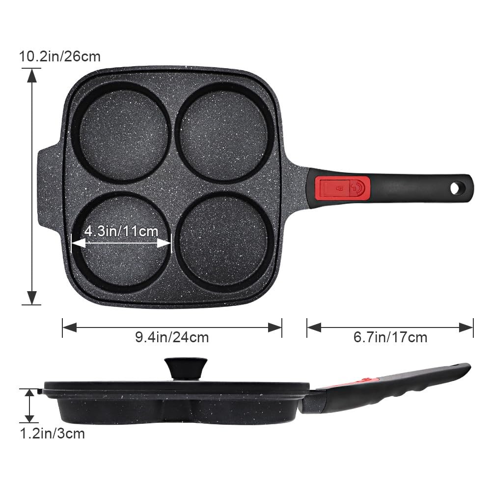 10 Inch Large Egg Pan With Lid 4Cup Pancake Nonstick Omelette Skillet Black