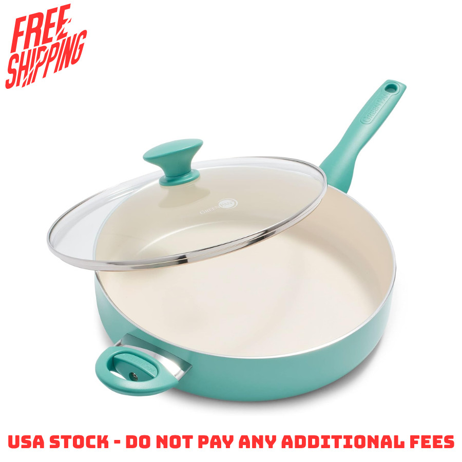 GreenPan Rio Ceramic Nonstick 5-Quart Saute Pan w/Lid Dishwasher Safe, Turquoise