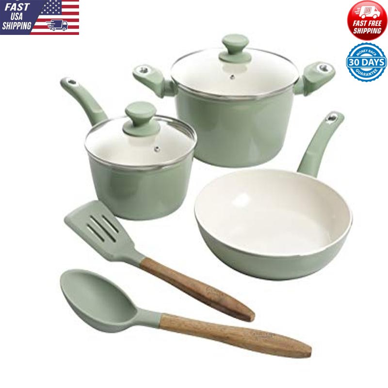 7-Piece Healthy Ceramic Cookware Set Nonstick Aluminum Mint Green PAN SET US