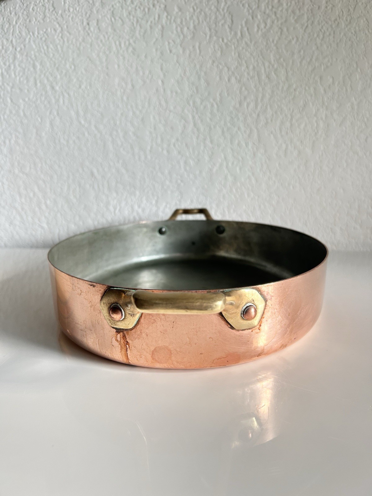 Vintage Copper Tin Lined Brass Handle Gratin Pan Set 2 Cobre Made in Chile