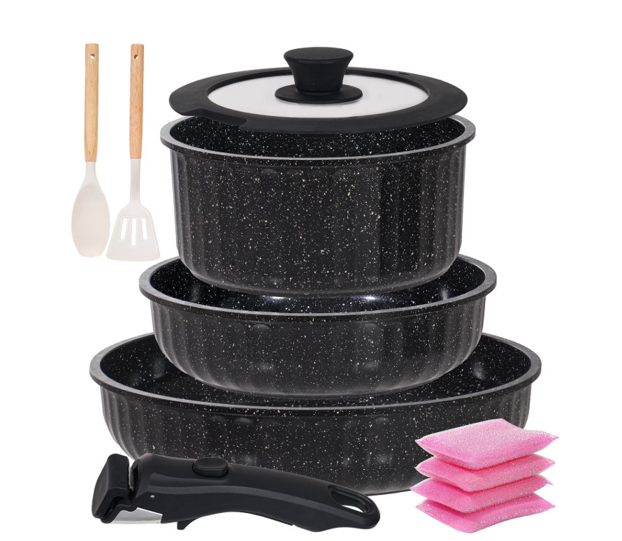 11pc Nonstick Cookware Set Removable Handle Induction Stackable Granite