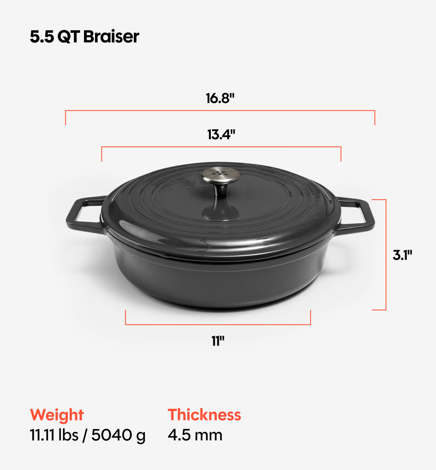 Misen 5.5qt Dutch Oven Braiser Gray Enameled Cast Iron Pot + Lid