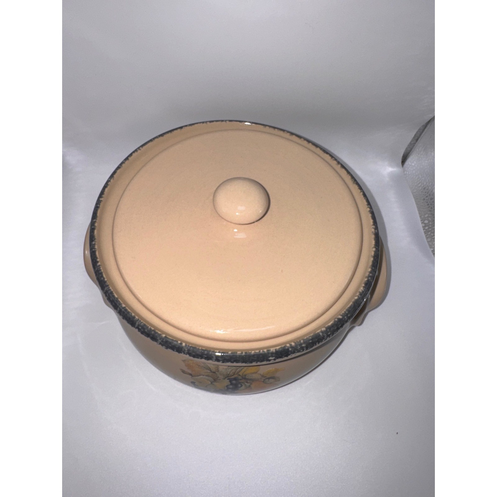 Vintage Ceramic Bean Pot with Lid Fruit Motif Grapes Pears Tan Stoneware Crock