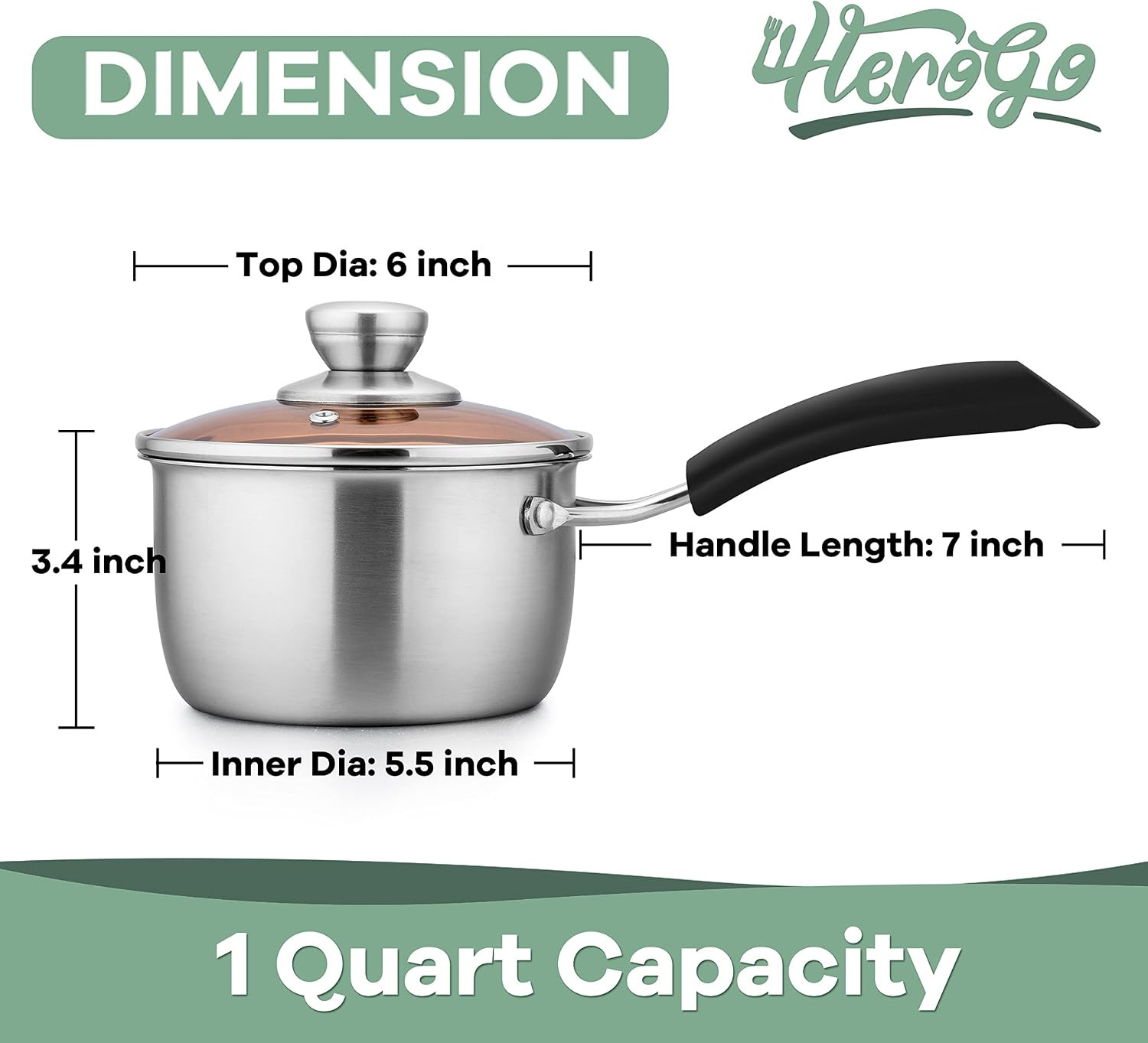 Herogo 1 Quart Saucepan with Lid, 18/10 Stainless Steel Small Sauce Pan Pot, 1Qt