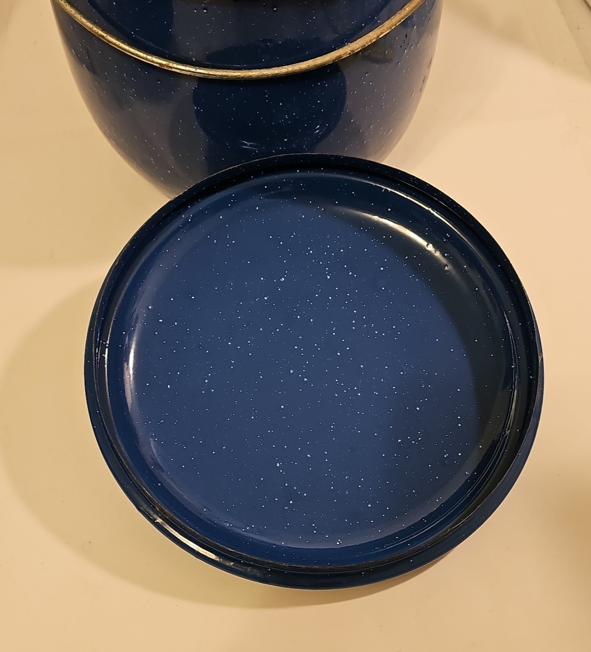 Enamelware Covered Stock Graniteware Handle Blue with White Speckles 6.5” Tall