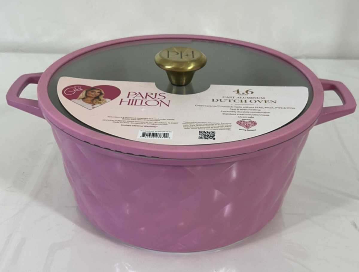 NEW Paris Hilton 4.6 Quart Cast Aluminum Dutch Oven Pink Quilted Kitchen B59