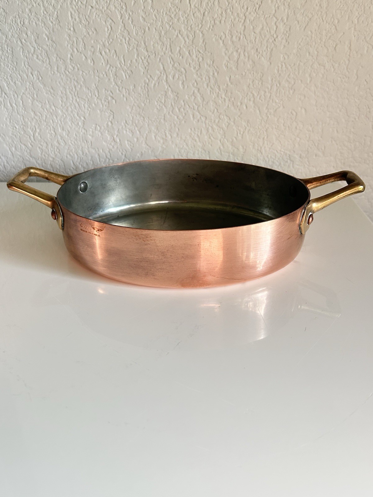 Vintage Copper Tin Lined Brass Handle Gratin Pan Set 2 Cobre Made in Chile