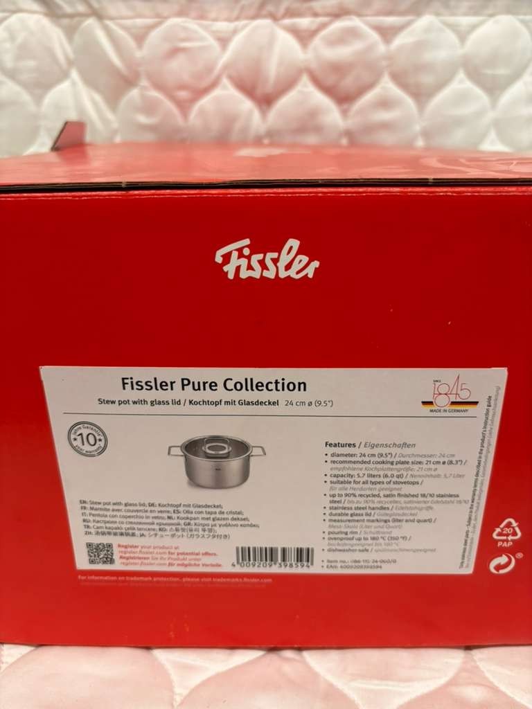 Fissler Pure Collection 24cm Stock Pot Stew Pot Glass Lid 5.7L
