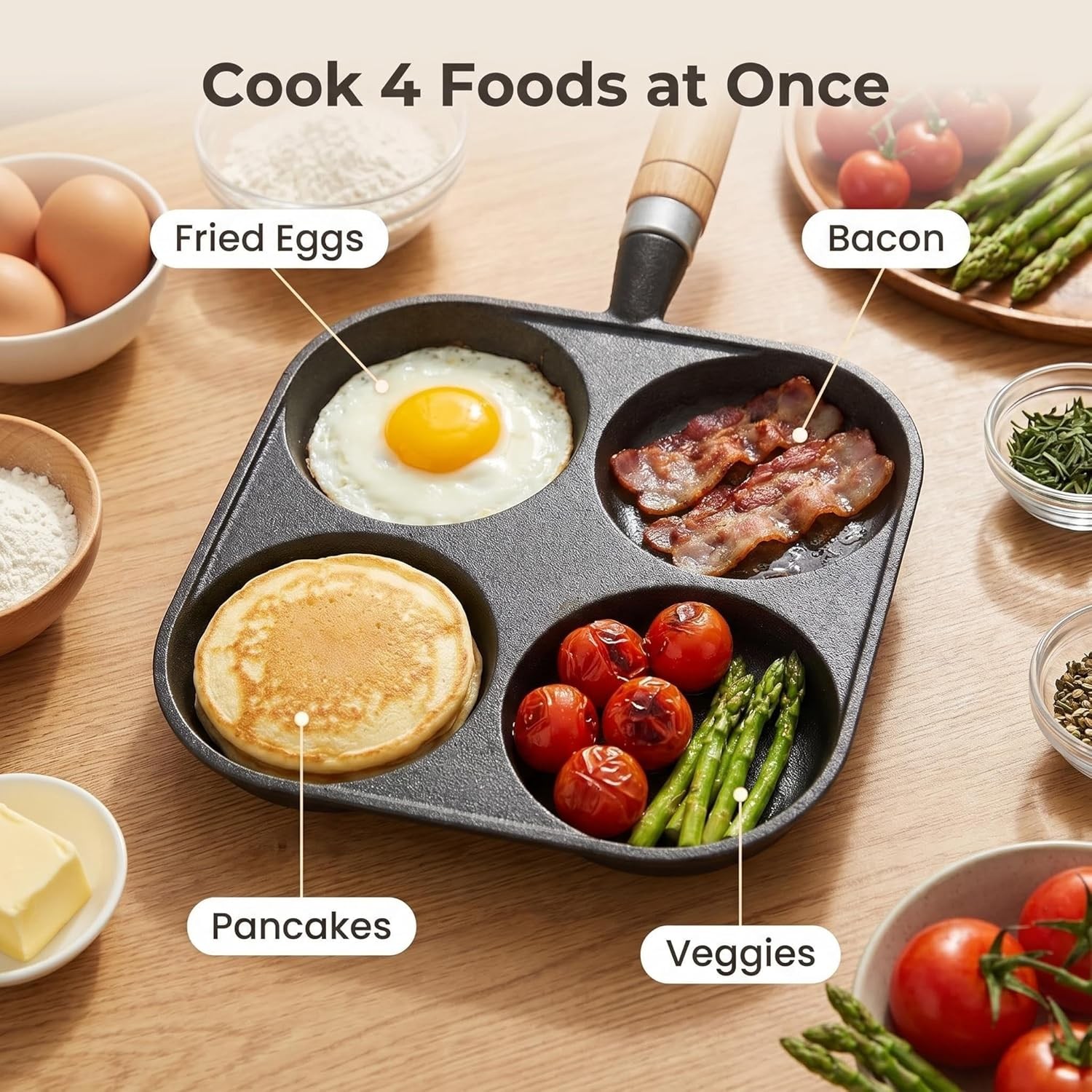 Mini Cast Iron 4-Cup Egg Pan 6.7″ Compact Breakfast Griddle Sliders & Mini