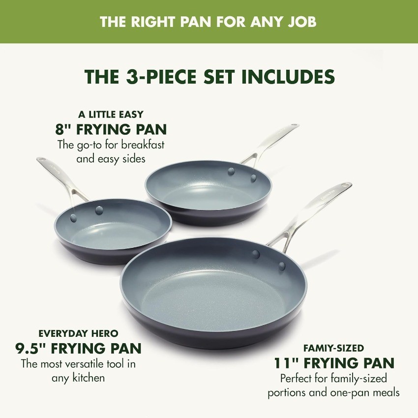 GreenPan Valencia Pro Hard Anodized 3 Piece Fry Pan Skillet Set, Gray