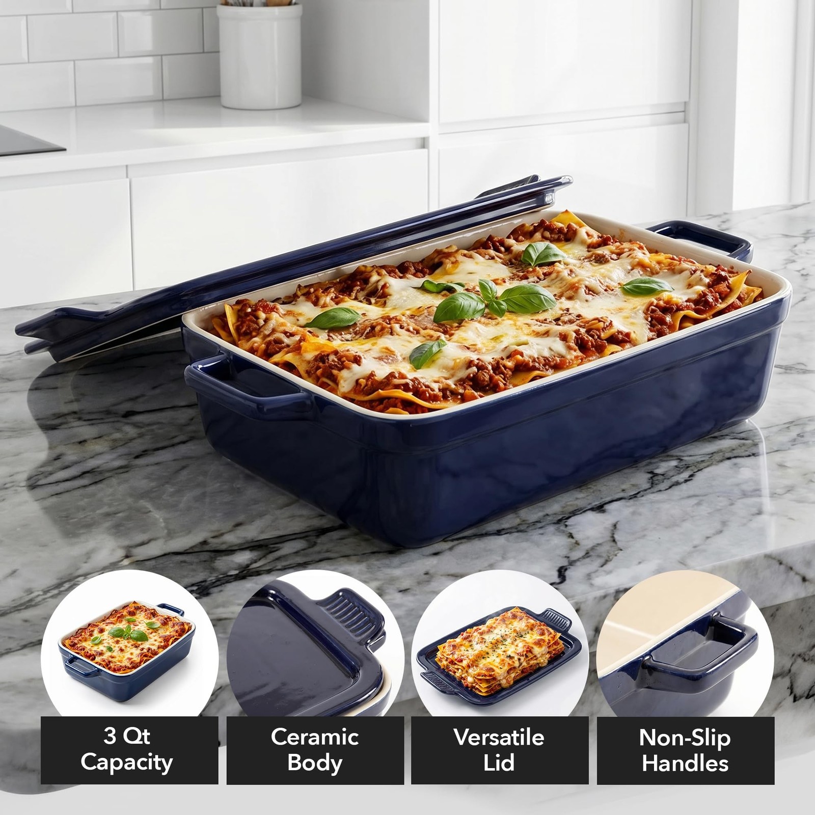 OVENTE Ceramic Baking Dish with Lid 3 Quart Rectangular Blue BP13BL