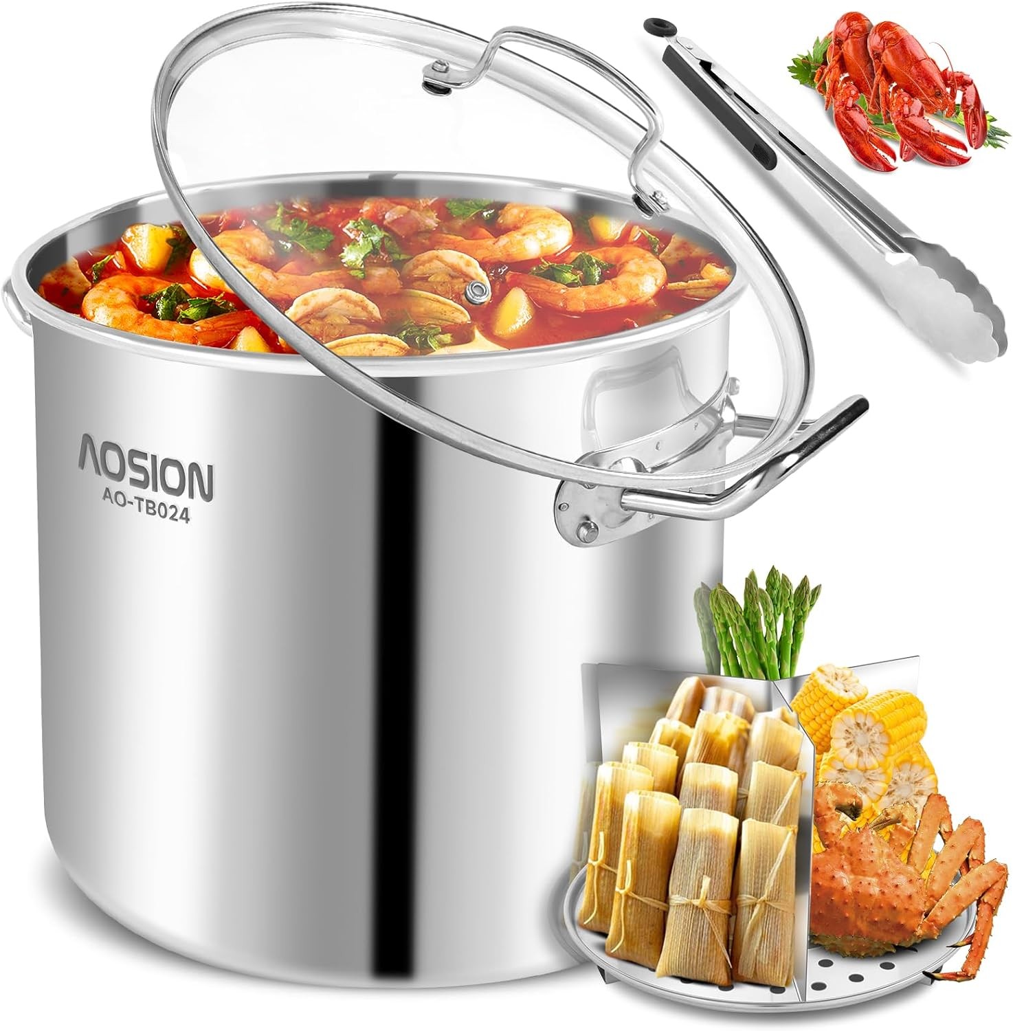 24QT Large Stainless Steel Stock Pot W/ Lid Steamer Rack & Divider Heavy Duty