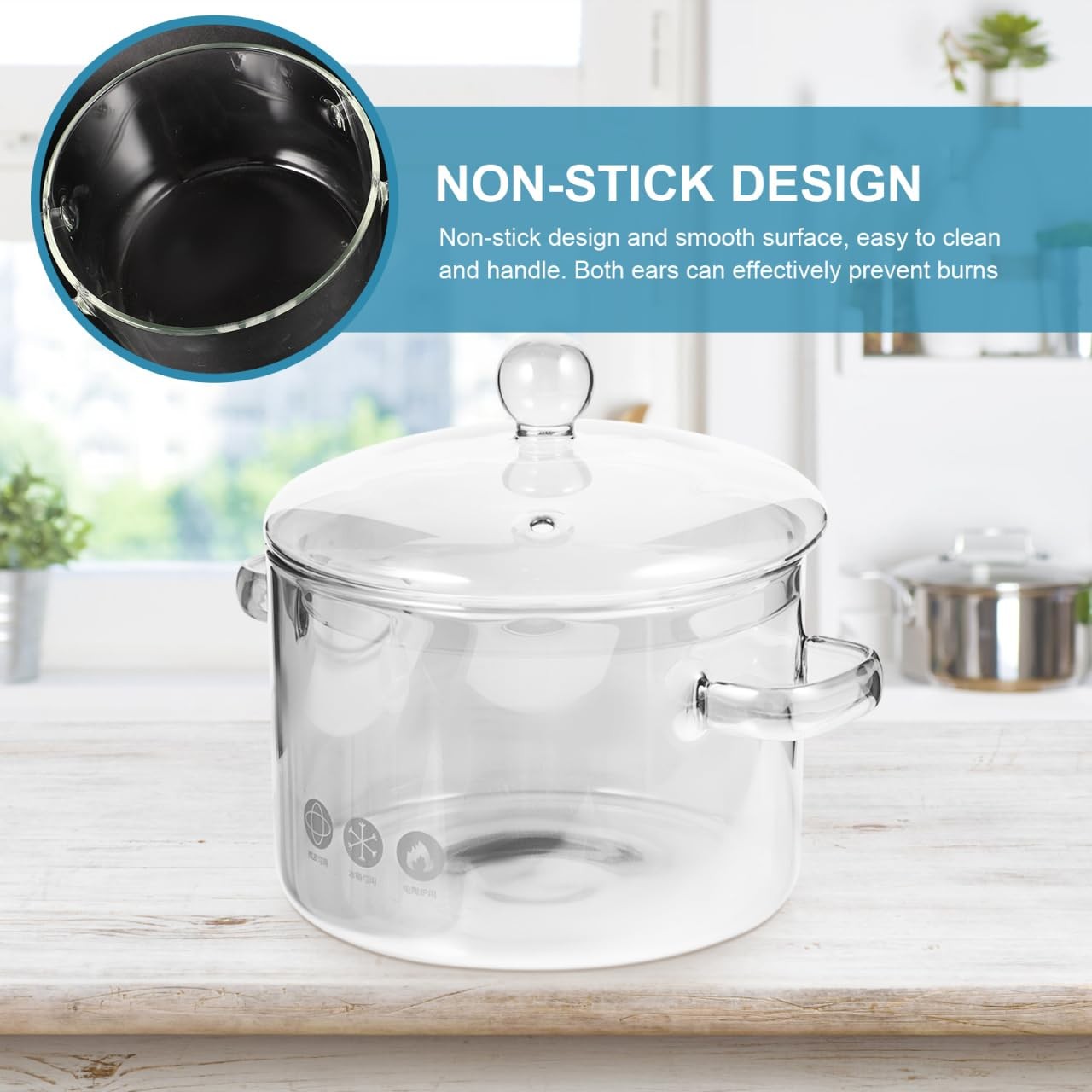 Vaguelly Borosilicate Glass Soup Pot Lid 1.5L/50Oz Transparent Cooking Pot For