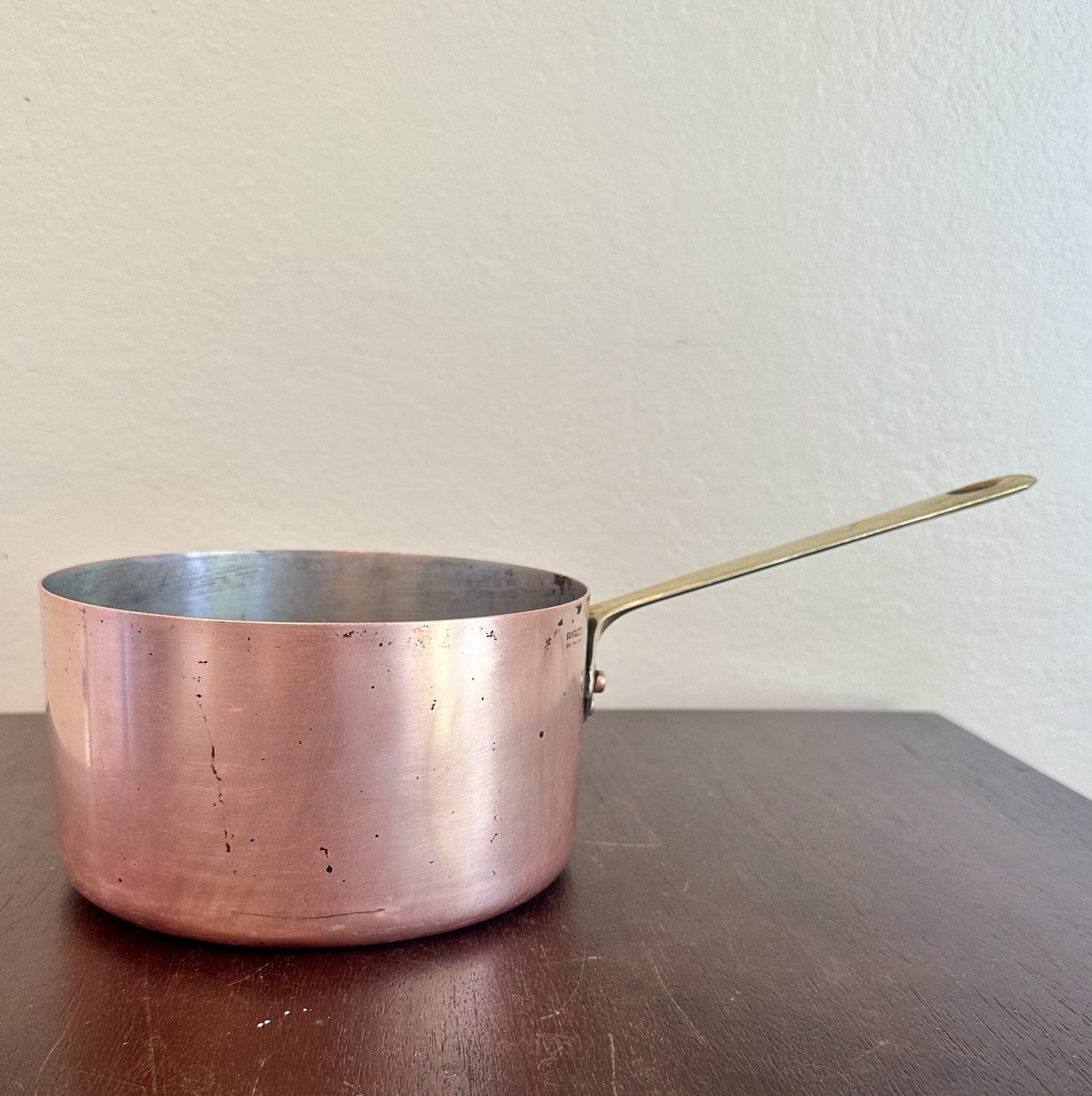Vintage Fantuzzi Fab Chilena Copper Saucepan Pot Brass Handle Tin Lined 7.25”