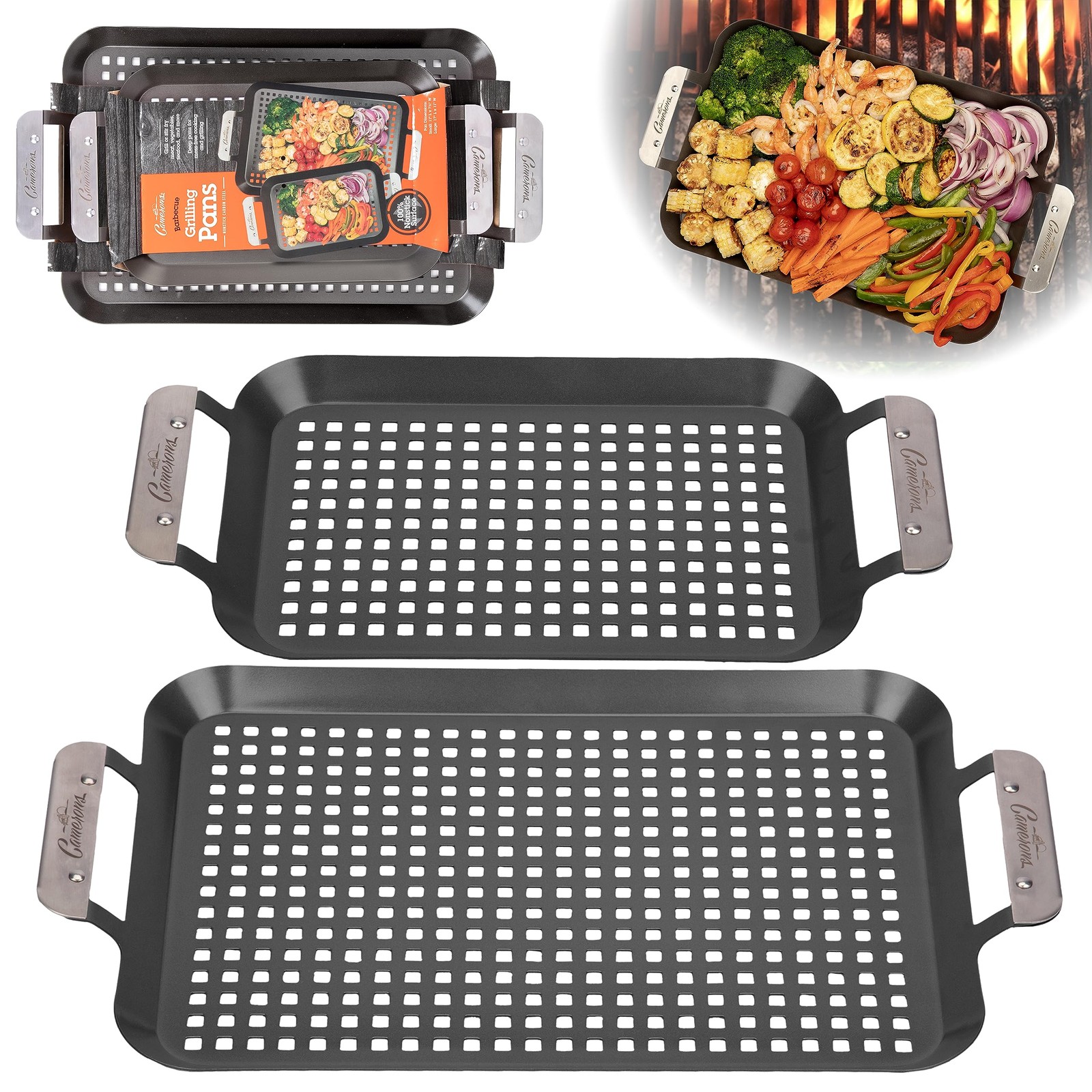 BBQ Grill Topper Grilling Pans (Set of 2)- Non-Stick Barbecue Trays w Stainle…