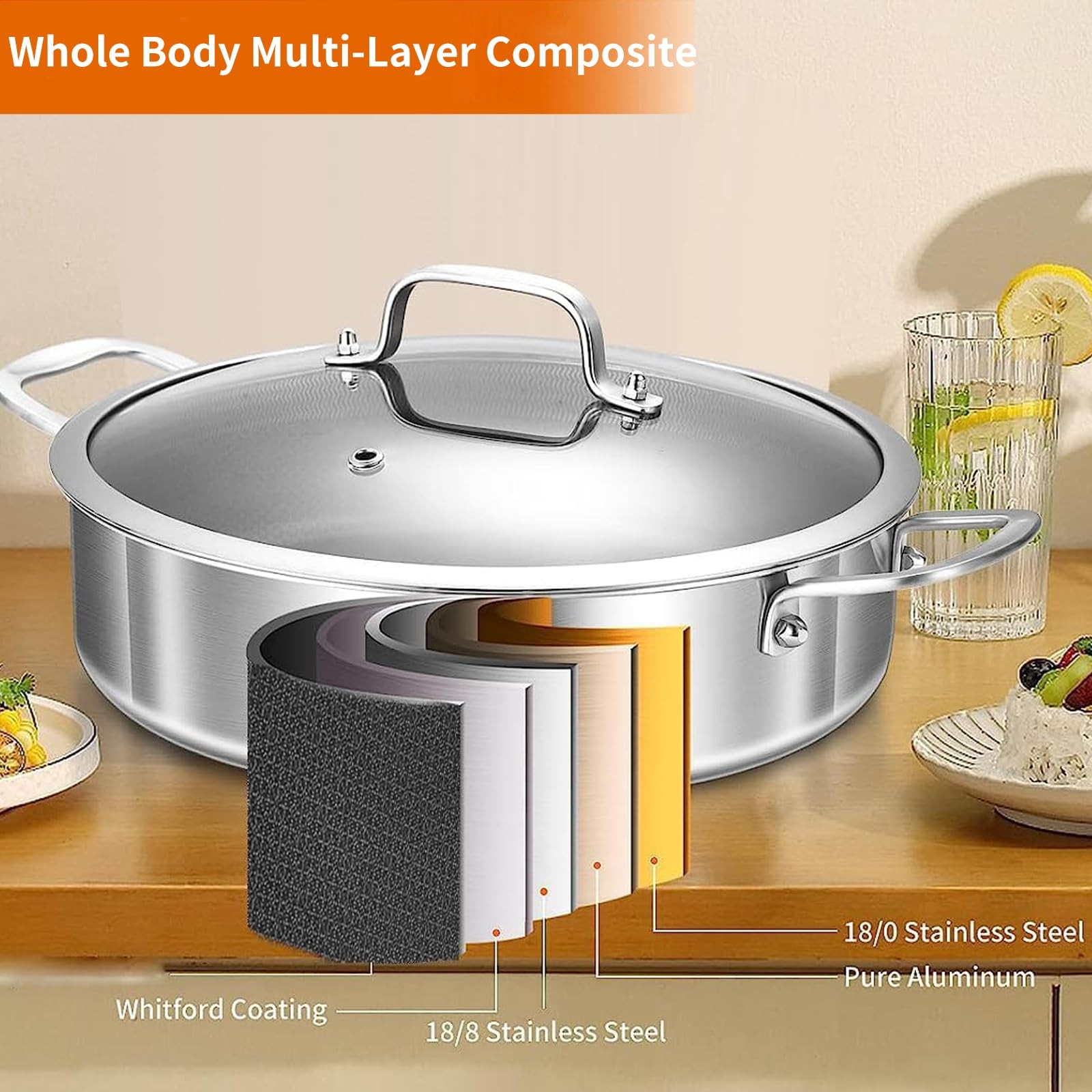 Tri-Ply Stainless Steel 10 Inch Deep Frying Pan 3QT Saute Pan With Lid, Inductio