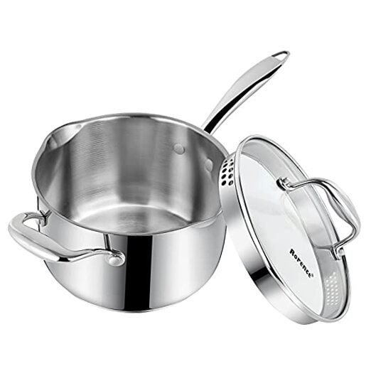 Stainless Steel Saucepan Sauce Pan with Pour Spout & Glass Lid with Strainer