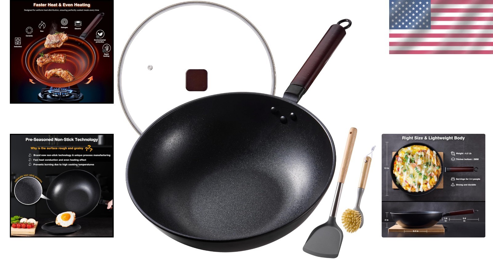 Carbon Steel Wok -13 Inch Woks & Stir-fry Pans Nonstick, Wok Pan with Lid Spa…